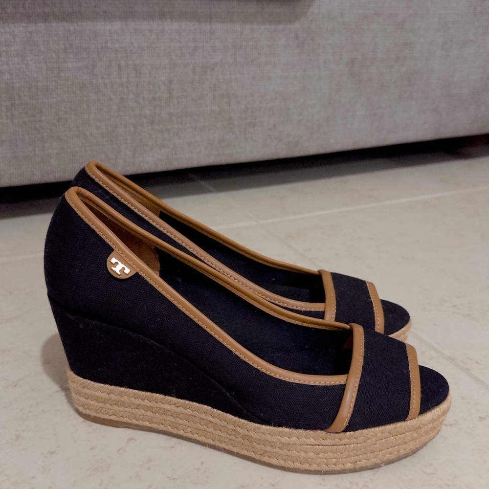 Tory Burch Black and Tan Wedge Shoes